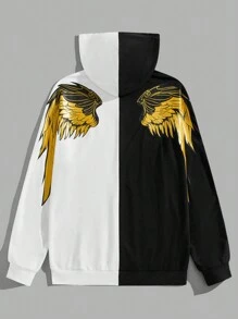 Manfinity VCAY 宽松版型男士翅膀印花拼色连帽衫，适合秋冬 - 黑與白 - 查看 3