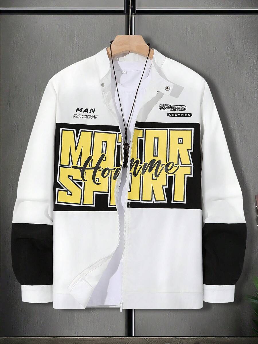 Manfinity Men's Loose Fit Letter Printed Color Block Jacket Without T-Shirt - Black and White - View 1