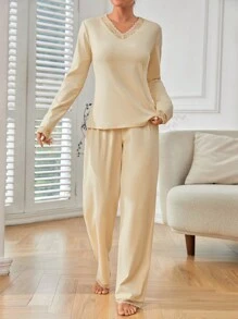 Lace Trim Thermal Underwear Set - Apricot - View 4