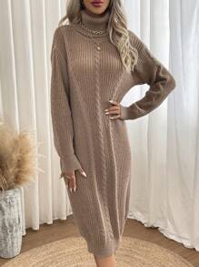 Chiquease 高領麻花編織落肩袖毛衣洋裝不附腰帶 - 卡其色 - 查看 6
