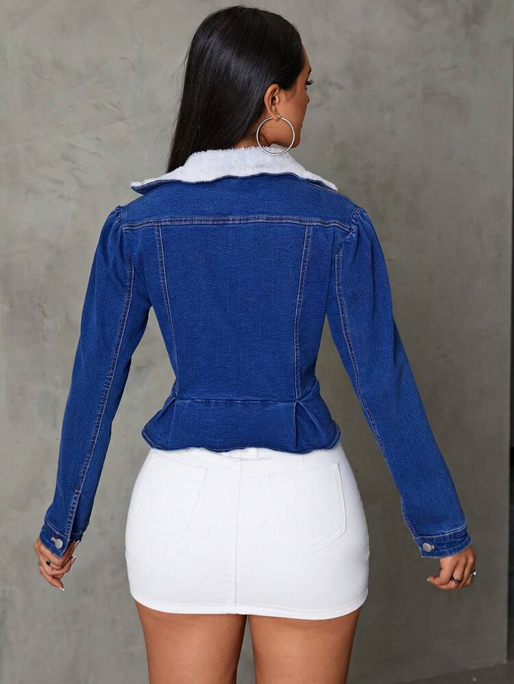 Borg Collar Flap Pocket Ruffle Hem Denim Jacket
