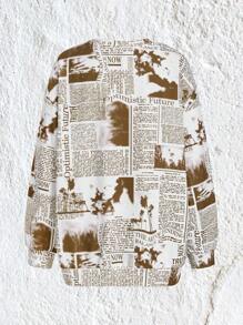 SHEIN EZwear Newspaper Print Sweatshirt - Brown - View 2