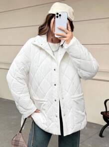 SHEIN EZwear 雙口袋按扣腰帶絎縫外套 - 白色 - 查看 1