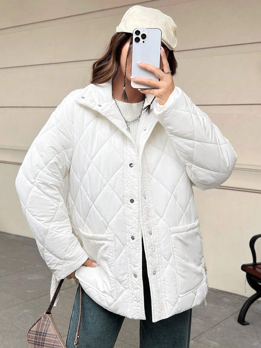 SHEIN EZwear 雙口袋按扣腰帶絎縫外套 - 白色 - 查看 1