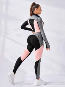 Easithlete Colorblock Half Zip Sports Tee & Tee & Leggings Workout Set Outfit Set Workout Women Set Women Leggings Set - Multicolor - View 2
