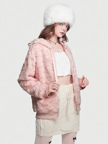 Kawaii 貓刺繡拉鏈開襟抽繩連帽夾克 - 粉色 - 查看 4