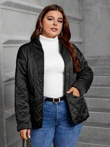 SHEIN Clasi Plus Dual Pocket Belted Quilted Coat - Black - View 2