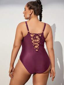 SHEIN Swim Curve Plus Size Solid Color Bandeau One-Piece Swimsuit, For Summer Beach Vacation - Red Violet - View 2