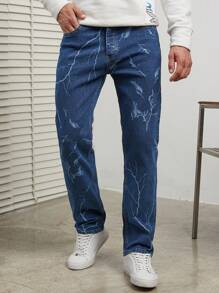 SHEIN Cottnline Men Lightning Print Straight Leg Jeans - Dark Wash - View 1