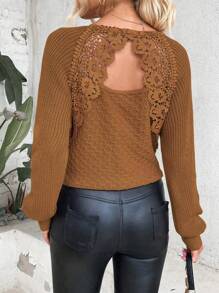 SHEIN LUNE Chèn ren Guipure Cắt bỏ trở lại Tay Raglan Áo len - màu nâu - Xem 2