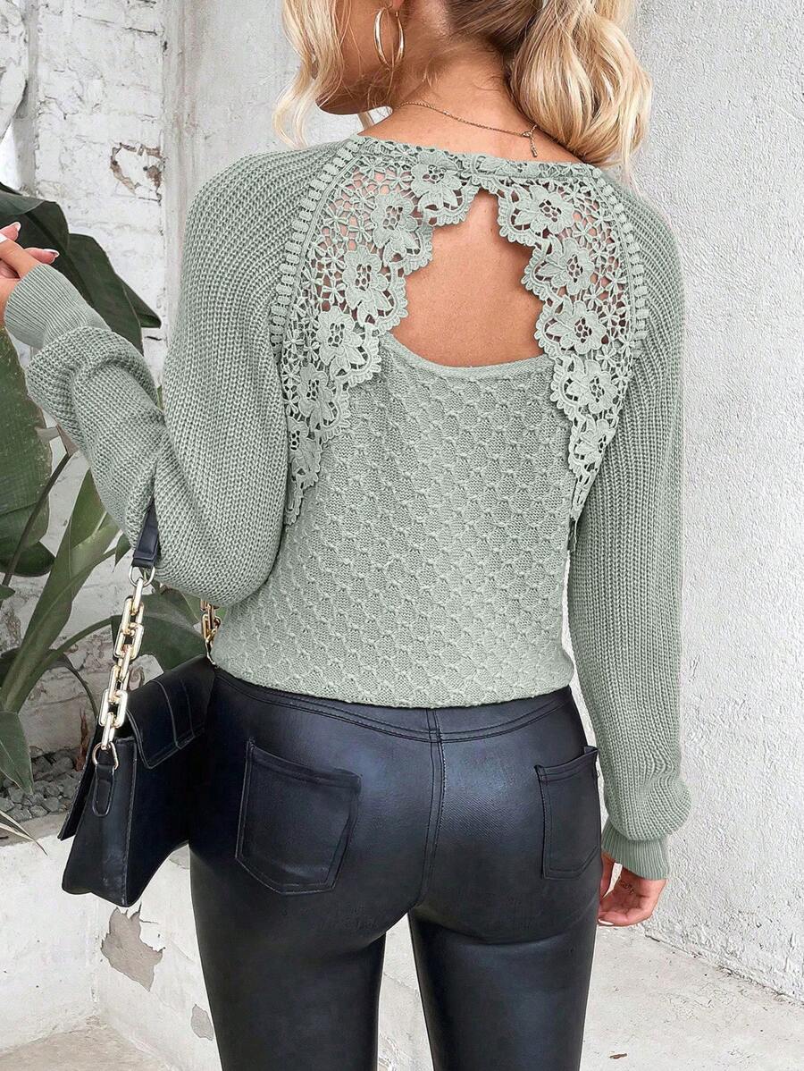 EMERY ROSE 对比色凸纹蕾丝镂空后背插肩袖毛衣、长袖上衣