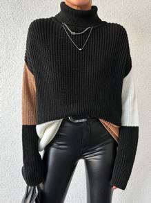 EURMUSE Damen Rollkragen Pullover Mit Farbblockierung