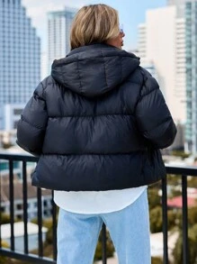 EURMUSE Zip Up Hooded Puffer Coat - Black - View 2