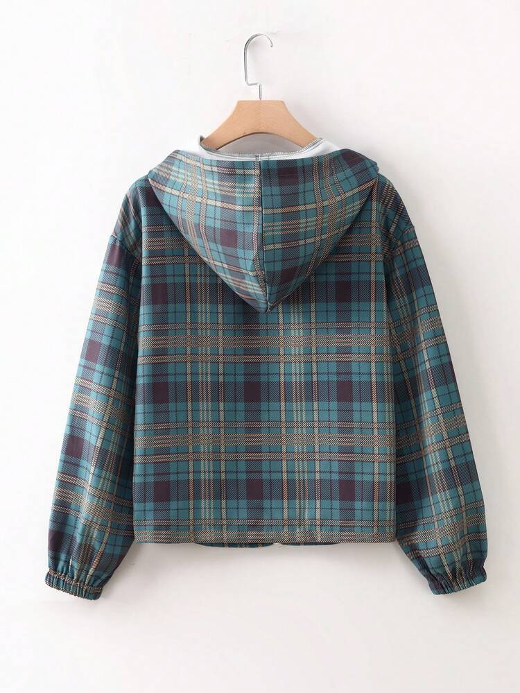 Plaid Print Flap Pocket Zip Up Hooded Coat
