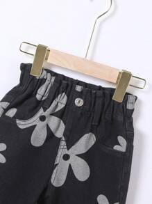 Baby Girls Cute Summer Holiday Floral Prints Paperback Waist Relax Wide Leg Jeans, Daily Fashion - Black - View 3