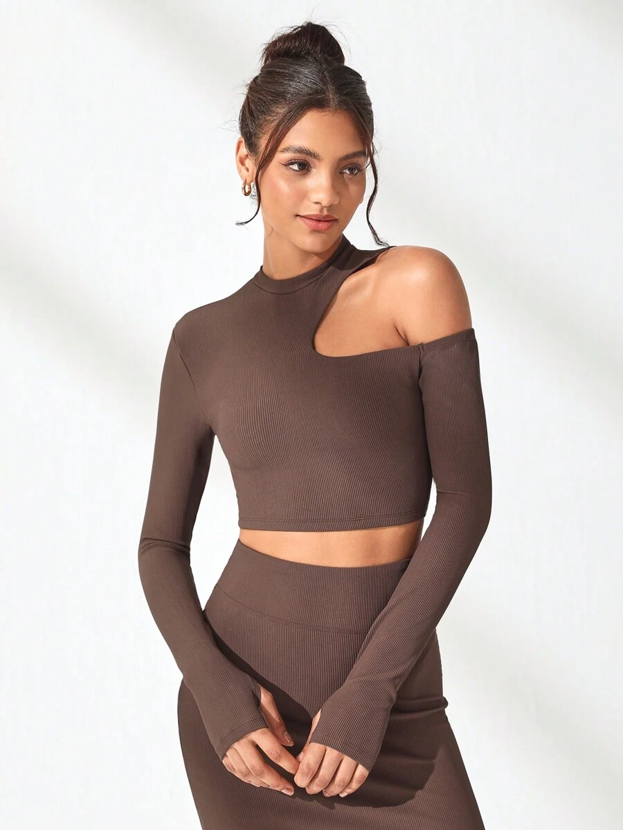 Lifespree Hollow Out Sports T-shirt - Coffee Brown - View 1