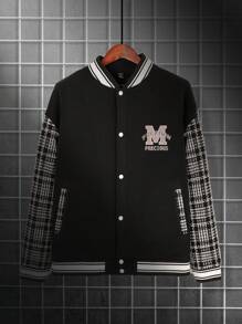 Manfinity Homme Men's Oversized Varsity Jacket With Plaid & Letter Graphic, Striped Trim And Drop Shoulder Design - Black - View 3