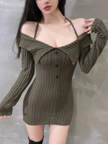 DAZY Damen einfarbiges Rippstrick-Kleid mit Haterneckausschnitt und Knöpfen, Herbst/Winter - Grün - Übersicht 5