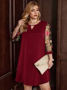 SHEIN Clasi Plus Floral Print Keyhole Neckline Contrast Sleeve Dress - Burgundy - View 1