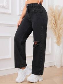 SHEIN Privé Rách Quần legging thẳng - màu đen - Xem 6