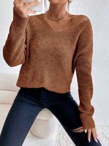 SHEIN Frenchy Drop Shoulder Split Hem Sweater - Mocha Brown - View 4