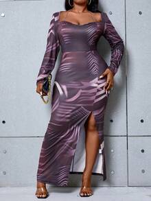 Maweii 大碼滿版印花高衩洋裝 - 彩色 - 查看 2