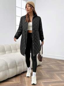 SHEIN EZwear Drawstring Waist Zip Up Curved Hem Quilted Coat - Black - View 5