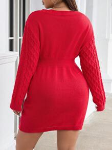Calvaya Plus Cable Knit V Neck Sweater Dress Without Belt - Red - View 2