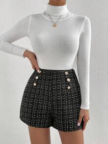 SHEIN Frenchy 格紋圖案假鈕扣粗花呢短褲 - 黑色 - 查看 4