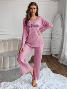 EURMUSE Conjunto De Pijama De Punto Estampado Con Texto/estampado De Costilla Para Mujeres, Para Uso En Casa - Rosa - Ver 3