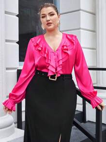 BizChic Blusa De Satén Con Manga Acampanada Y Ribete Fruncido Para Tallas Grandes - Rosa Fucsia - Ver 1