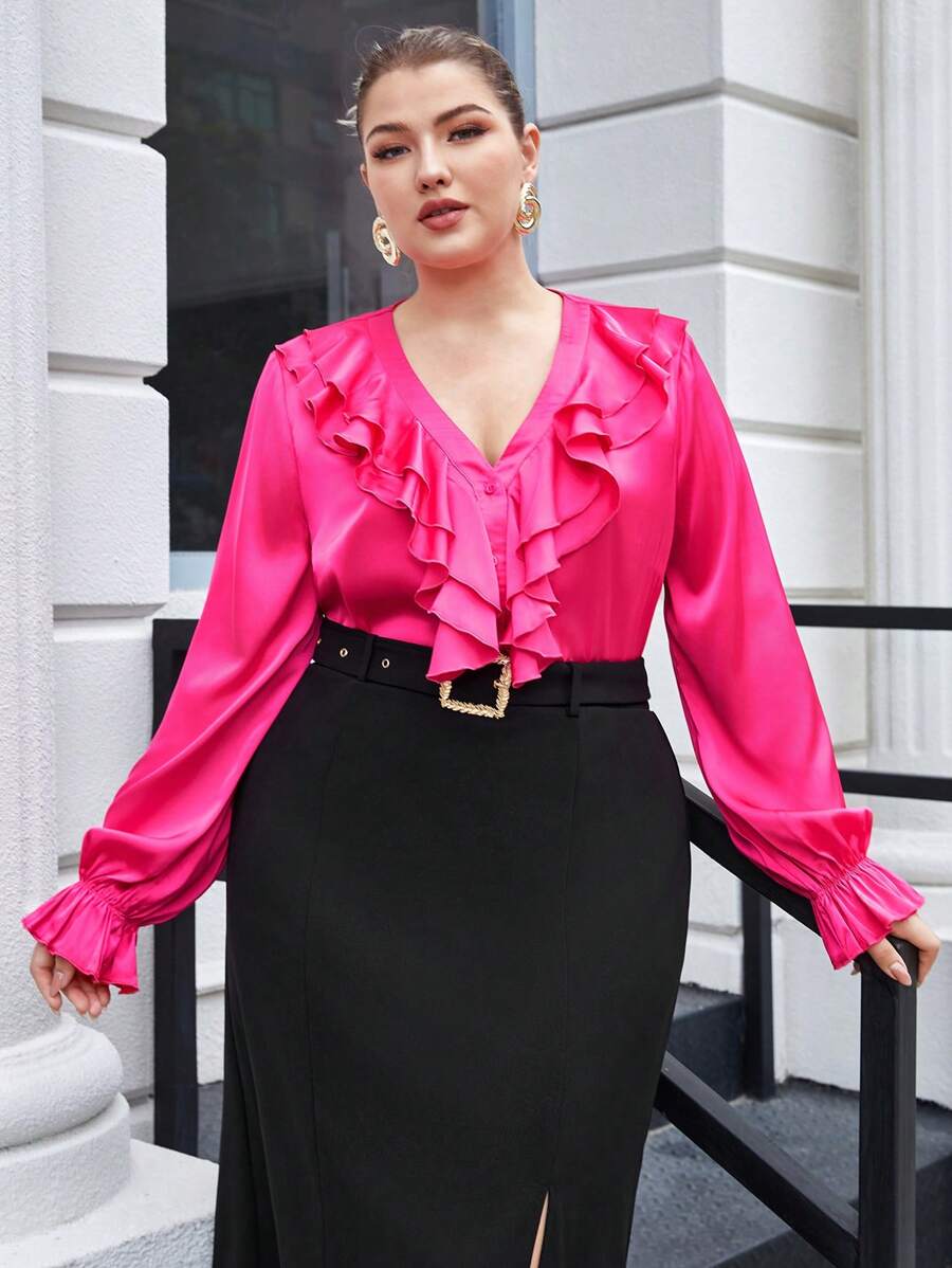 BizChic Blusa De Satén Con Manga Acampanada Y Ribete Fruncido Para Tallas Grandes - Rosa Fucsia - Ver 1