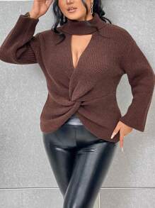 SHEIN Unity Plus Choker Neck Twist Front Sweater Knit Pullover Fall Winter Sweater - Brown - View 4
