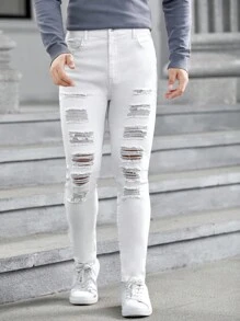 GENTILAND Men Ripped Frayed Skinny Jeans - White - View 6