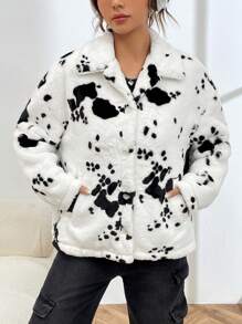 SHEIN EZwear 黑白毛毛女士防寒外套 - 黑與白 - 查看 3