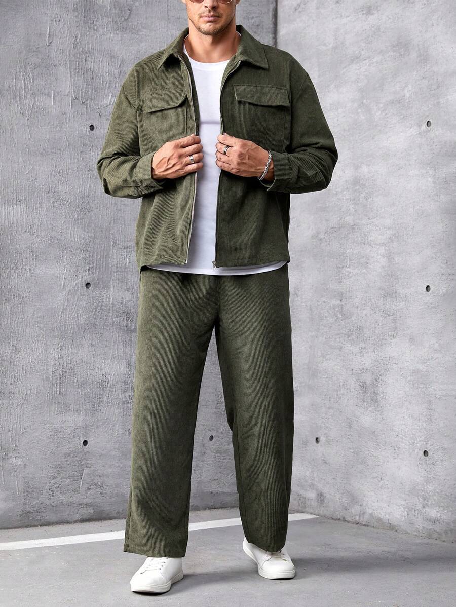 Manfinity Homme 男士大码翻蓋口袋燈芯絨夾克和褲子不帶T恤 - 綠色 - 查看 1
