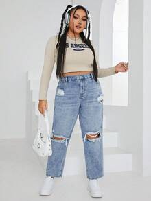 SHEIN EZwear Hơn Rách Quần jean Tapered - Rửa trung bình - Xem 6
