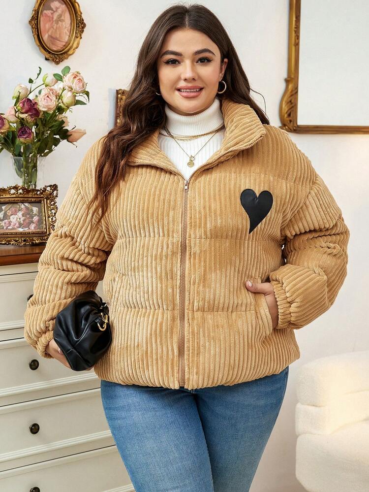 Plus Heart Embroidery Drop Shoulder Corduroy Padded Padded Coat Clothes Winter