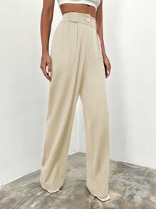 SHEIN Cottnline 斜口袋高腰束帶正裝褲 - 米色 - 查看 4
