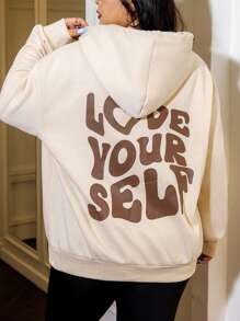 SHEIN EZwear Plus Size Slogan Graphic Drop Shoulder Sweatshirt - Khaki - View 1