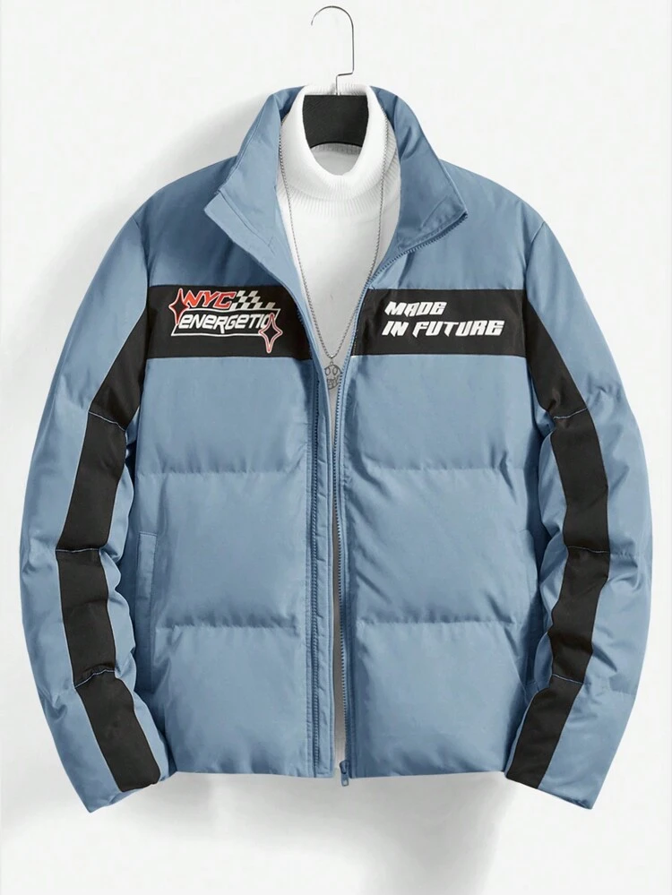 Oversized Men's Colorblock Letter Graphic Zip-Up Padded Coat (Without Sweater), For Fall Winter