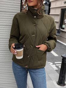 SHEIN LUNE Dual Pocket Drop Shoulder Quilted Padded Coat Clothes Winter - Army Green - View 6