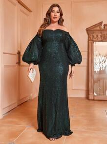 SHEIN Belle 豪華珠片泡袖宮廷風正式禮服,大尺碼晚禮服（重工業風格）