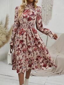SHEIN Clasi Floral Print Flare Sleeve Ruffle Hem Dress - Multicolor - View 6
