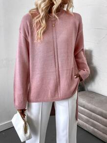 SHEIN LUNE Suéter de punto con hombros caídos y bajo con abertura para otoño e invierno - Rosa vieja - Ver 3