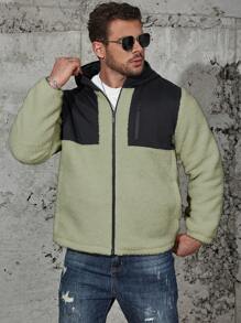 Manfinity Homme Men Plus Size Two Tone Hooded Teddy Padded Coat - Army Green - View 4
