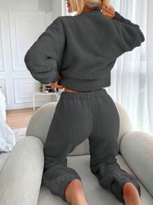 SHEIN Cottnline Pantalones con sudadera de hombros caídos crop teddy - Gris Oscuro - Ver 2