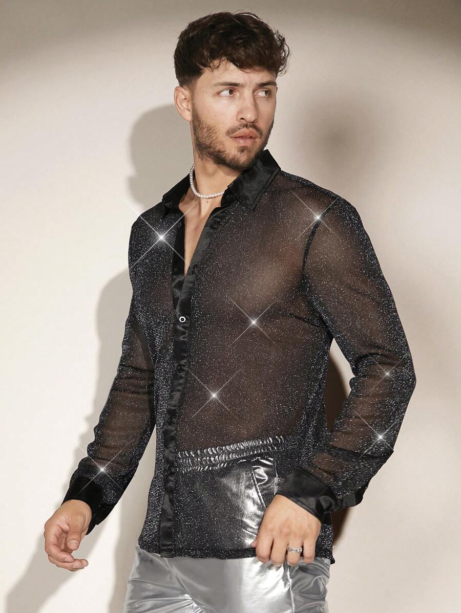 FeverCity 男士金屬亮絲透視網紗襯衫 - 黑色 - 查看 1