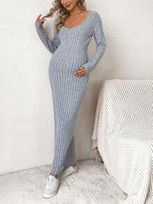 SHEIN Thai sản Scoop Cổ Đồ đan Ribbed Váy bodycon - Màu Xám nhạt - Xem 2