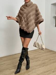SHEIN Privé Solid Batwing Sleeve Fuzzy Coat - Khaki - View 4